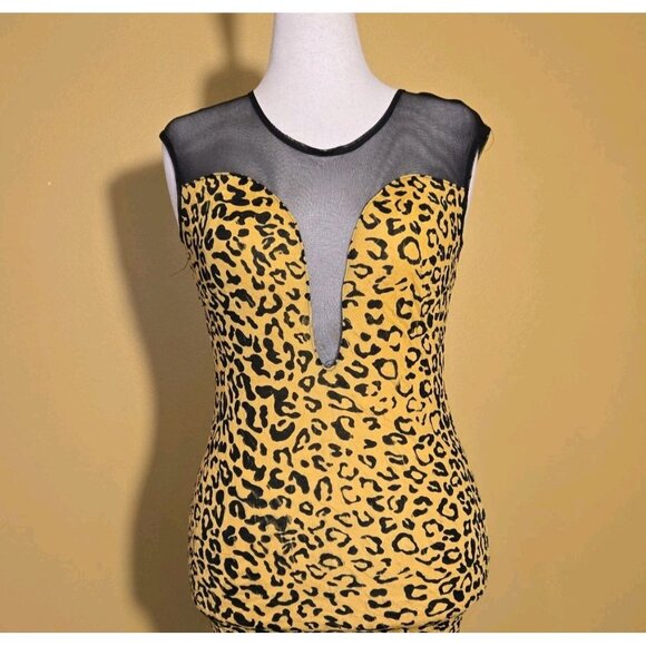 Audrey 3+1 Leopard Print Mesh Plunge Bodycon Mini Dress Yellow Black Clubwear S - Picture 3 of 9